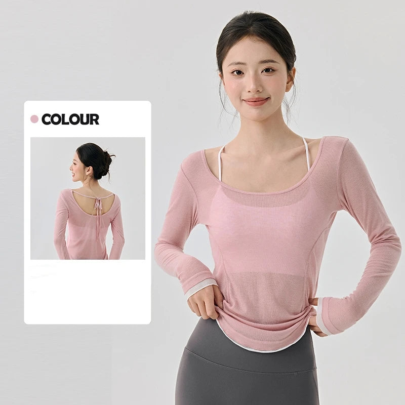 Frauen Fitness Gym Yoga Tops leichte atmungsaktive sexy rückenfreie langärmelige Sport Tops Cover-up T-Shirt Damenbekleidung