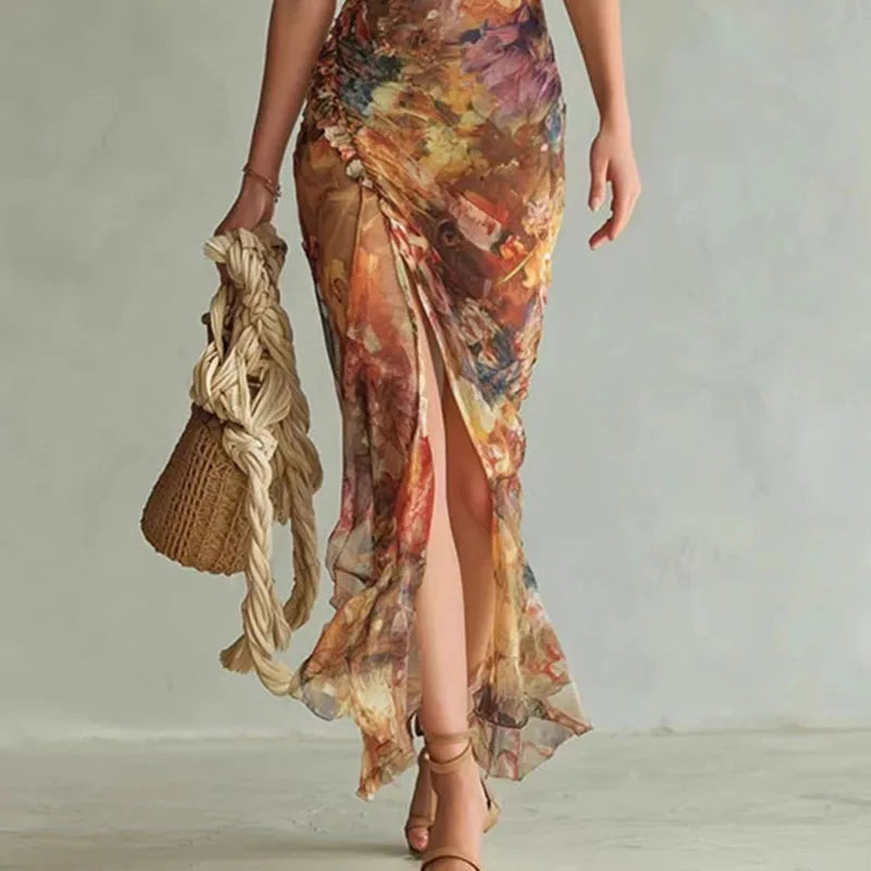 Boho Blumen-Maxikleid Damen Frühling Sexy Quadratischer Ausschnitt Gerafftes Schlitz-Bodycon-Kleid Neues Sommer Puffärmel Rüschen Partykleid