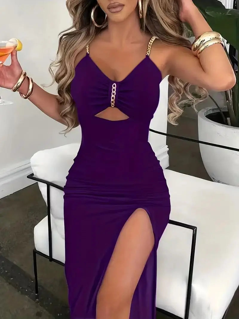 Slip Kleid Frauen Sexy Sommerkleid Split Kette Aushöhlen V-ausschnitt Ärmelloses Maxi Kleid Bodycon Vestidos Party Mantel Kleider 2023