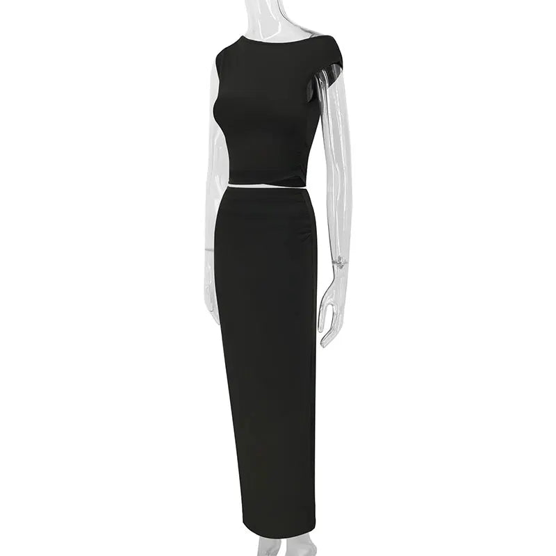 Frühling Damen Tank-Maxirock Neues Zweiteiliges Mode-Set Schwarzer Sexy Schlitz-Rock Lässige Schlanke Elegante Hochwertige Kleidung