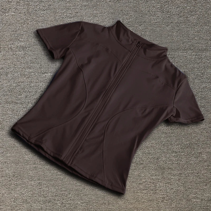 Damen-Sportbekleidung, schmale Passform, Polyester, schnell trocknend, durchgehender Reißverschluss, Outdoor-Fitness, Laufhose, kurze Ärmel, Damen-Yoga-Bekleidung