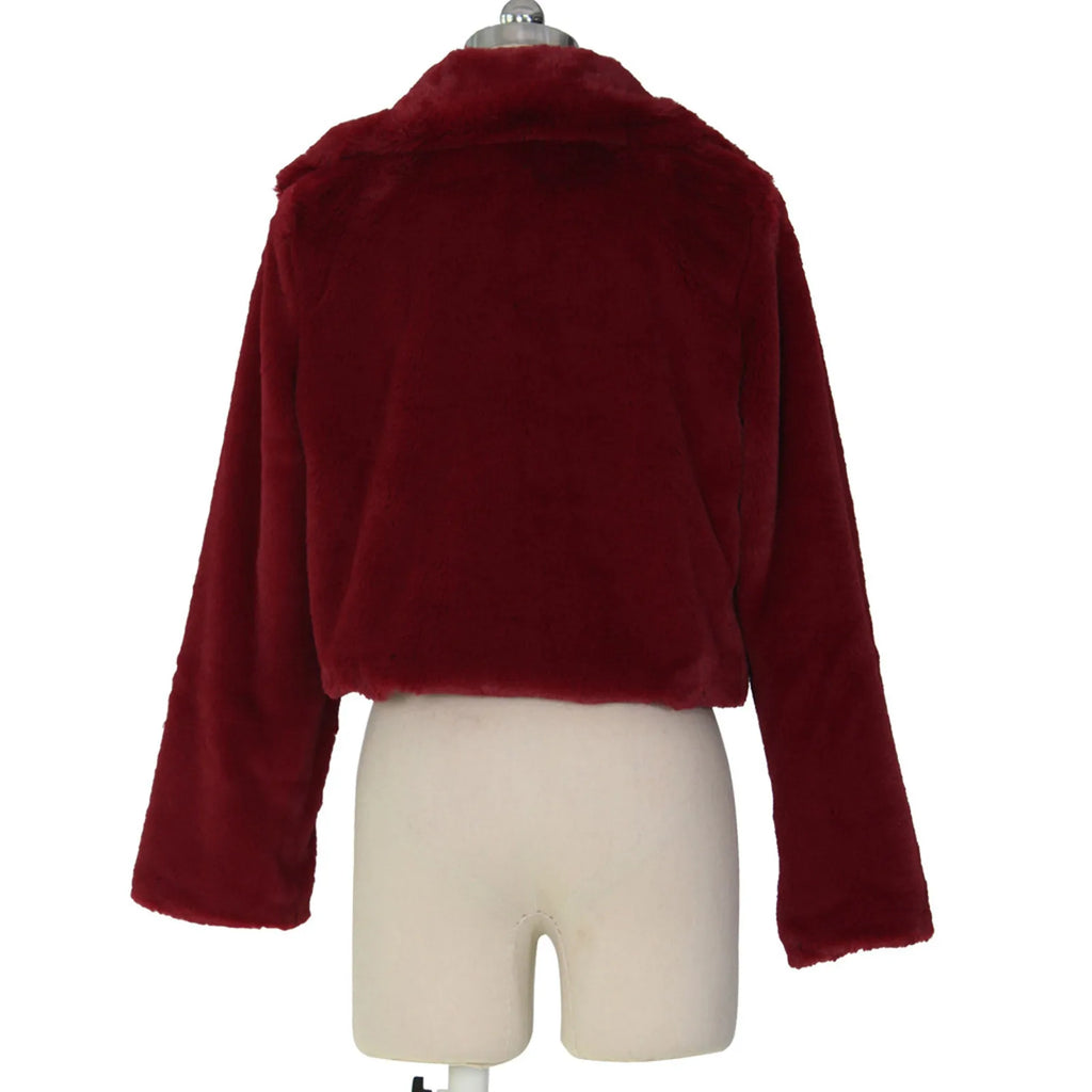 Mode Faux Pelz Offenen Stich Revers Crop Jacken Frauen Kleidung Herbst Winter Solide Langarm Warme Pelzigen Flauschigen Mantel Outwear