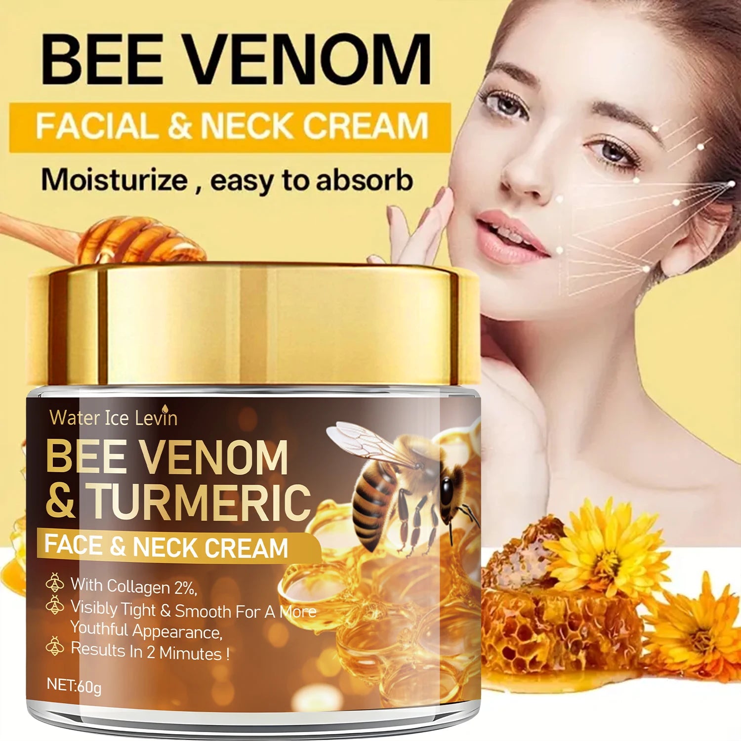 Bee Venom Instant Facial Lifting Cream strafft und strafft die Haut, glättet die Haut |     Alkoholfrei, mit Hyaluronsäure, geeignet für alle Hauttypen