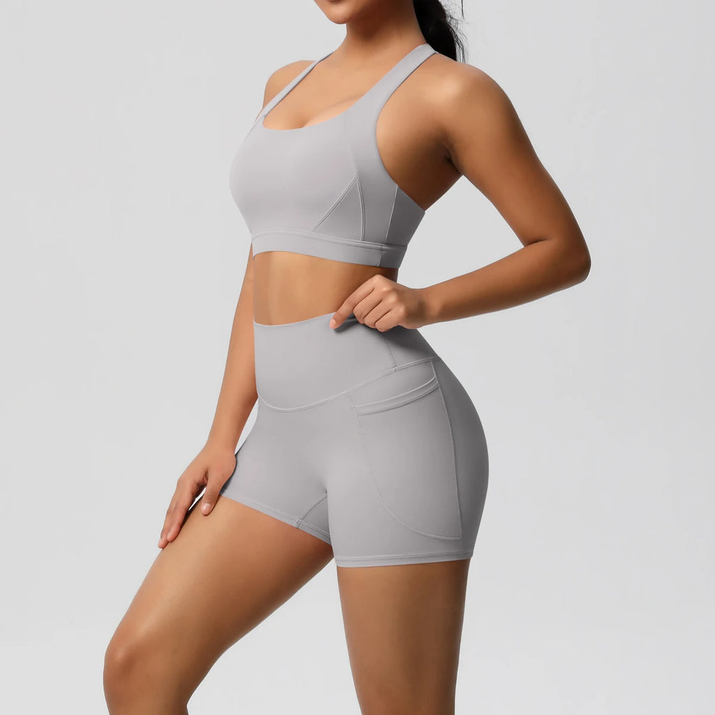 2PCS Sportswear Mit Taschen Yoga Set Gymnastik Kleidung Yoga Anzüge Für Frauen Trainingsanzüge Sport Shorts Crossover Bh Gym Leggings