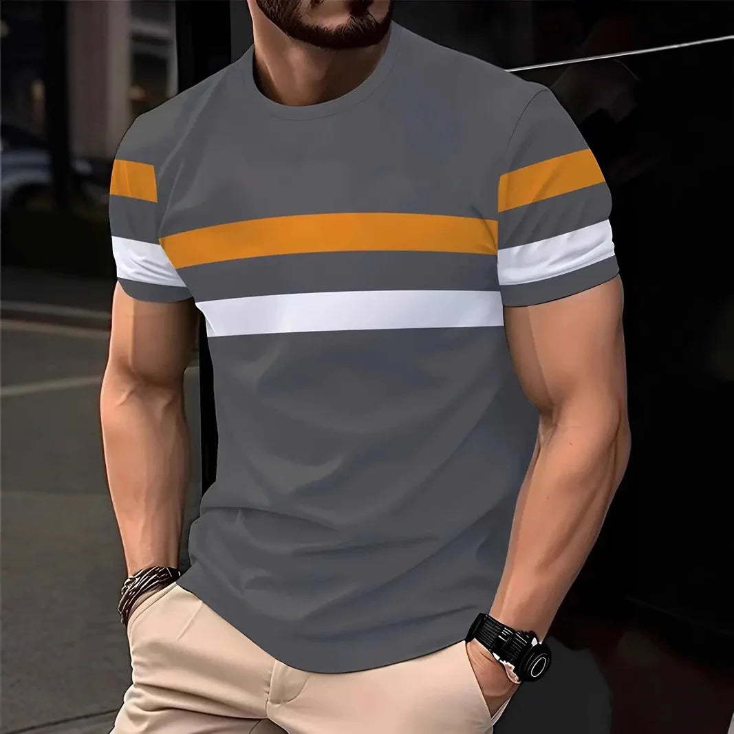 2025, Sommer Herrenmode, 3D-T-Shirt, Spleißen, bedruckt, Farbblockierung, lässig, schlank, kurzärmelig, Outdoor-Sport, Laufen, Fitness