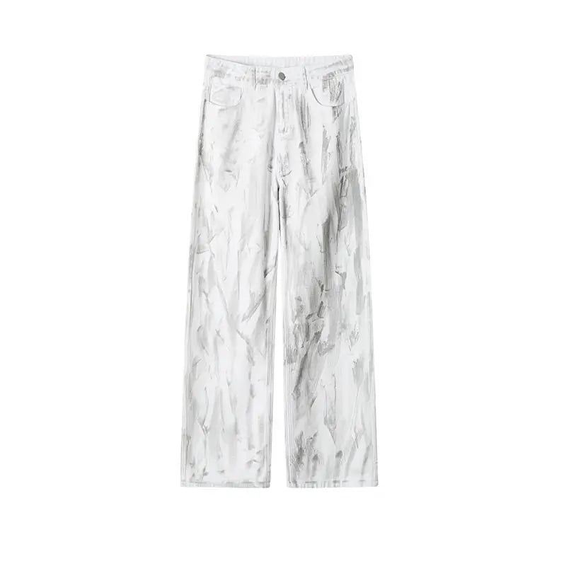Jeans Herren Klassische Jeans mit geradem Bein, weiße Batik-Denim-Hose, Unisex, modische Freizeithose, Streetwear, Hip-Hop-Stil, gewaschen
