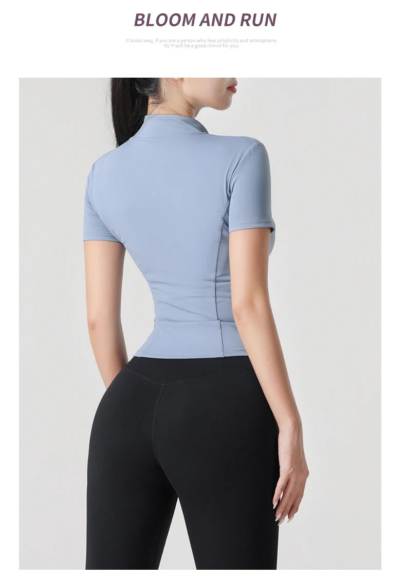 Woman yoga Jacket High Elastic Yoga Short Sleeve Coat Stand Collar Tight Sports Coat Naked Fitness Short Sleeve Female