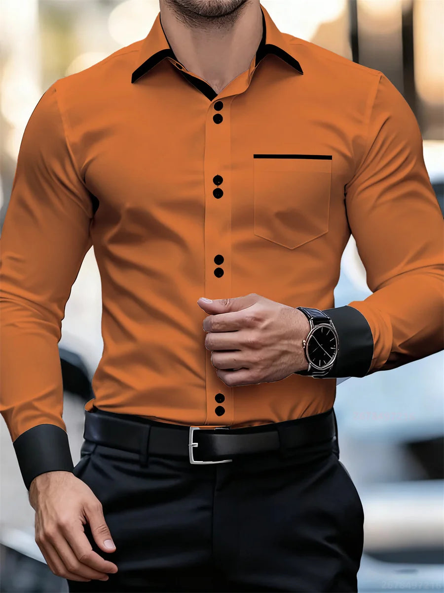 Herren-Business-Langarmhemd mit Farbblockkragen, schmale Passform, knitterfrei, schwarz-weißes Patchwork-Hemd, modisches Herrenoberteil