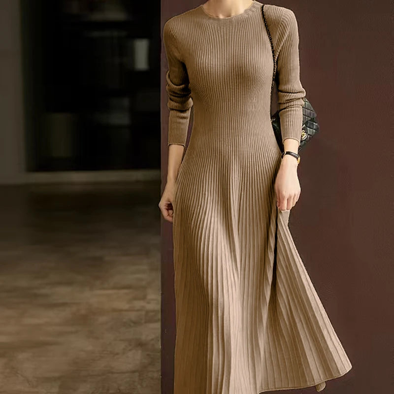 Frühling Herbst Pullover Damen Kleid 100 % Merinowolle Kleid O-Ausschnitt Slim Maxirock Basic Langarm Kleid Sexy Inside Join Dress