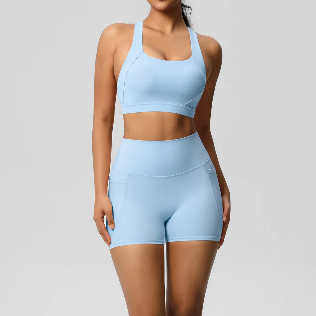 2PCS Sportswear Mit Taschen Yoga Set Gymnastik Kleidung Yoga Anzüge Für Frauen Trainingsanzüge Sport Shorts Crossover Bh Gym Leggings