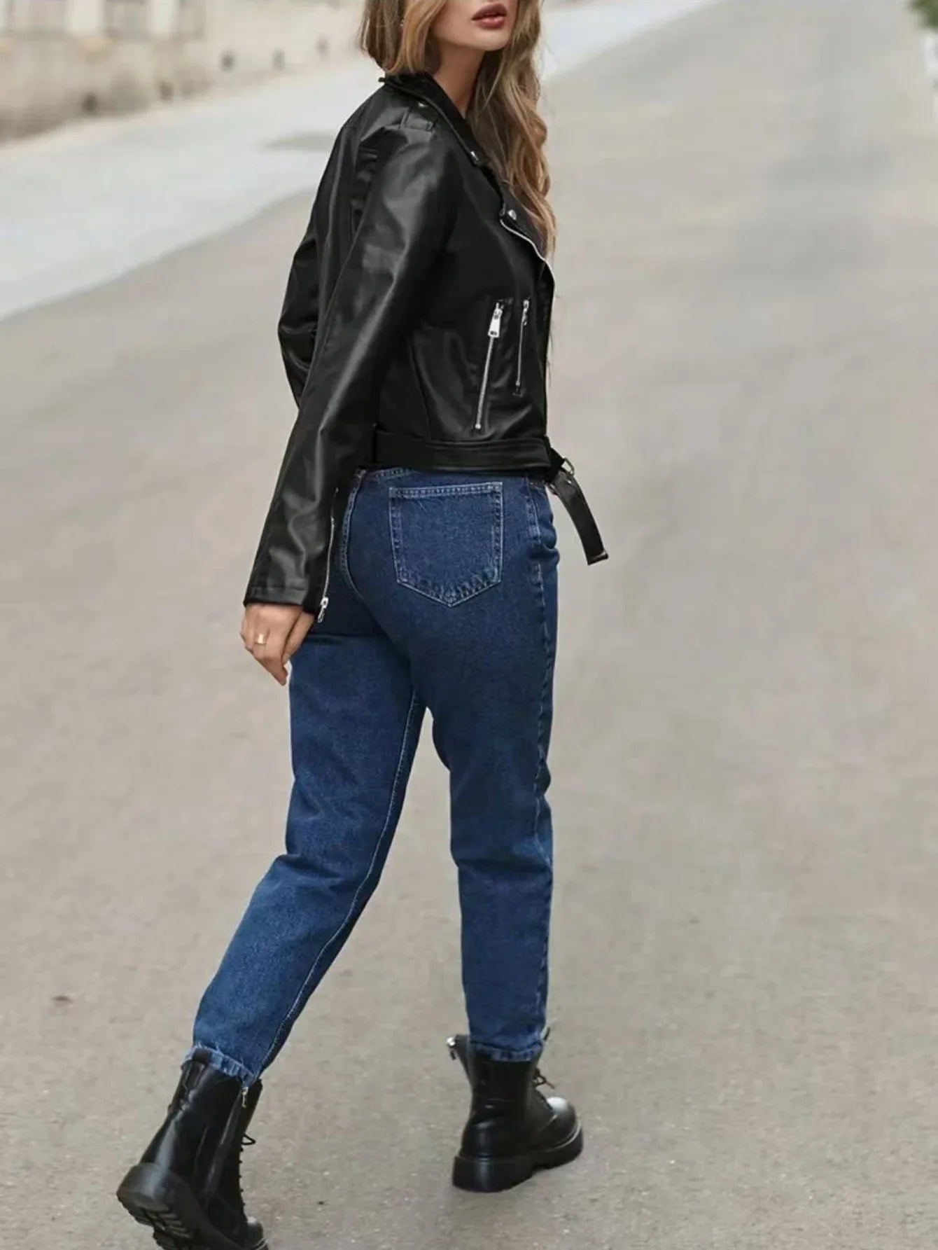 Black Short Motorcycle Jacket Women's Slim Fit PU Leather Coat Fake Leather Zipper Collar Full Sleeve Origin China Male Fashion