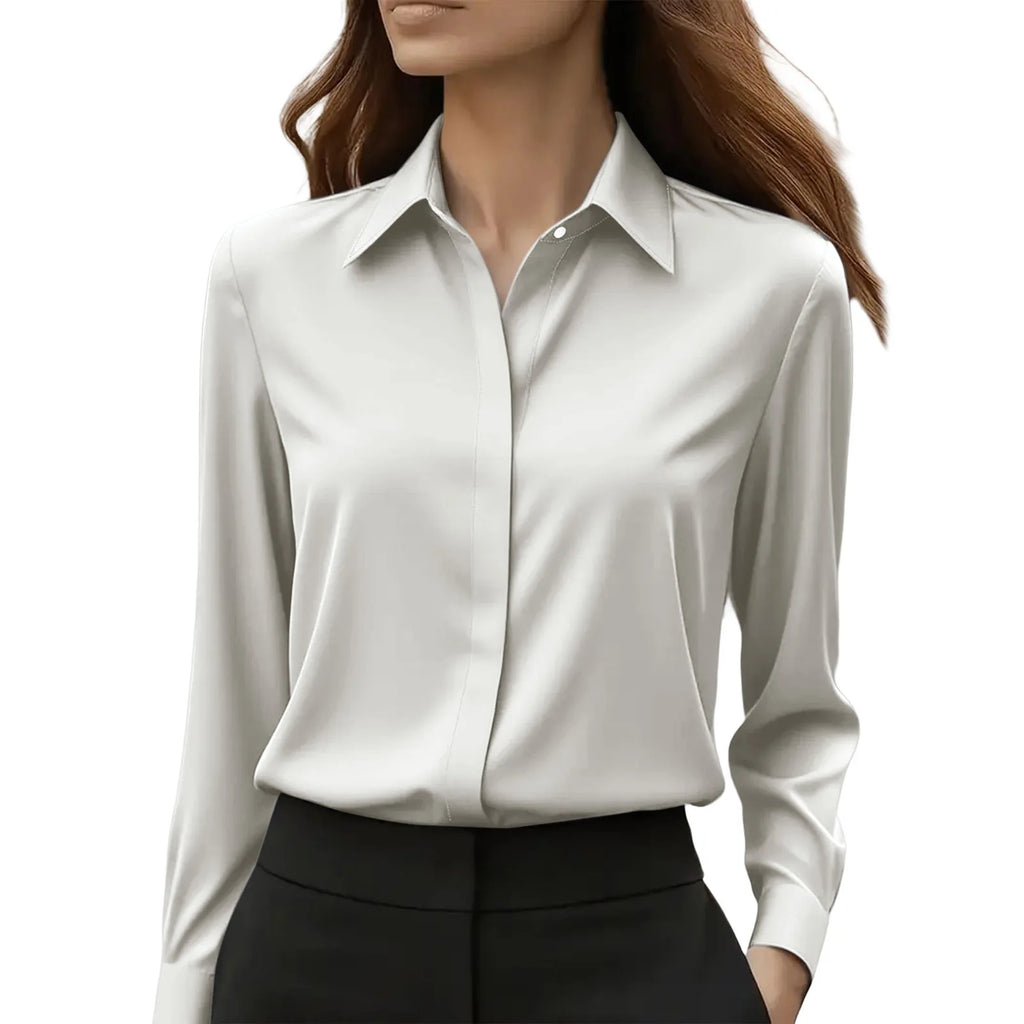 2025 Neues Damen-Langarmshirt, 10-farbiges Revers, Satin-Knopf-Cardigan, Büro, Pendeln, elegantes, einfaches Oberteil, Basic-Blusen