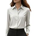 2025 Neues Damen-Langarmshirt, 10-farbiges Revers, Satin-Knopf-Cardigan, Büro, Pendeln, elegantes, einfaches Oberteil, Basic-Blusen