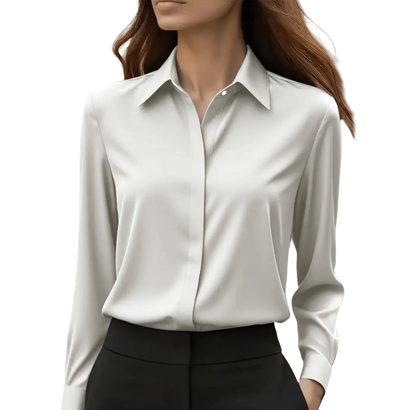 2025 Neues Damen-Langarmshirt, 10-farbiges Revers, Satin-Knopf-Cardigan, Büro, Pendeln, elegantes, einfaches Oberteil, Basic-Blusen