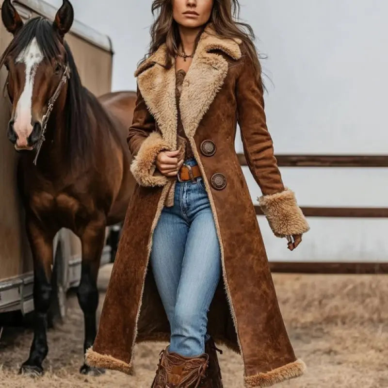2025, Damen-Jeans-Westernmantel, Retro-Sherpa-gefüttert, Winter, warm, Ranch-Stil, Jacke, Plüschkragen, lässig, Cowboy-Vintage-Oberbekleidung