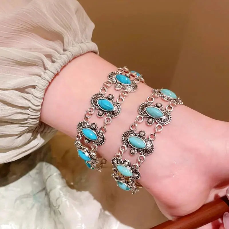 Vintage Ethno-Armreif im Bohemian-Stil mit Türkis für Damen, verstellbares Armband, Schmuckgeschenk