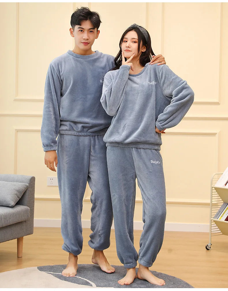 Verdickte Warme Männer Korallen Samt Pyjamas Herbst Winter Homewear Lange Ärmeln Lange Hosen Solide Weiche Nachtwäsche 2 Teile/satz Paar