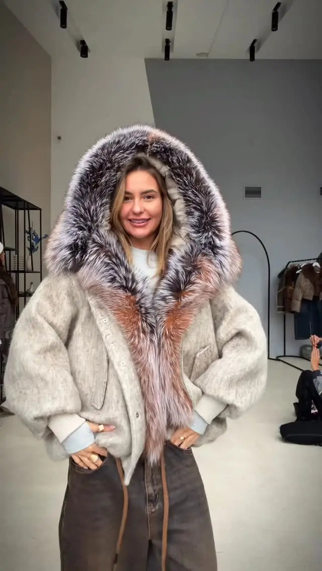 Gefärbter Pelzkragen, kurze Wolljacke für Damen, modisch, Revers, volle Ärmel, einreihig, Patchwork, lose Jacken, 2025, Winter-Outwear