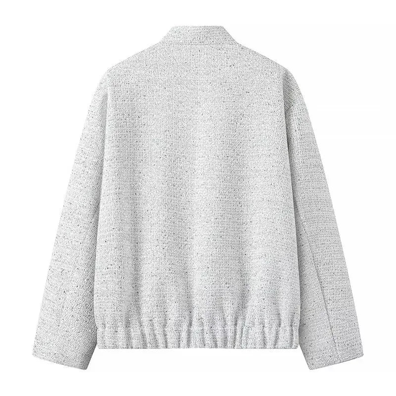 Damen Pailletten Bomber jacke fallen neue Rundhals ausschnitt Langarm Tasche Stretch Saum Pailletten Jacke Mantel weibliche schicke Oberbekleidung