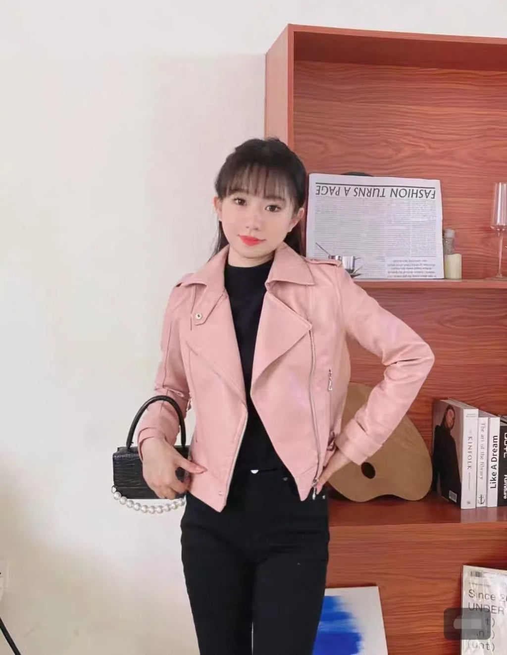 Fashionable Red PU Leather Jacket Women's Short Coat Stand Collar Spring Autumn Thin Style Artistic Retro Fit Sleeve Long