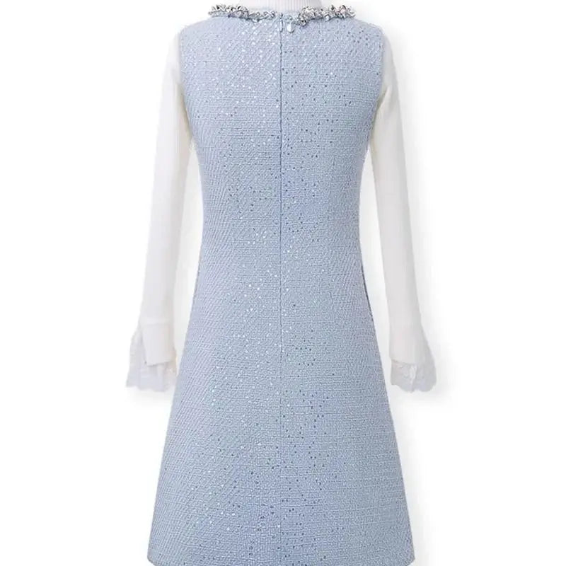 BESTBAFU Luxus Pailletten Kleine Duft Tweed Weste Kleid Frauen Herbst Winter Elegante Ärmellose Woolen A-Line Party Kleider 625P