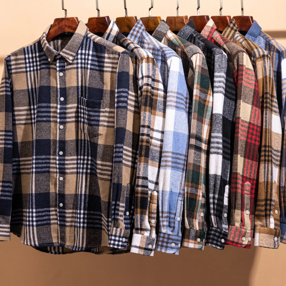 Langärmliges Flanell-Karohemd für Herren – weiche reine Baumwolle, Button-Down-Hemden, dick, Herbst und Winter – Wochenend-Casual, Ausgehen