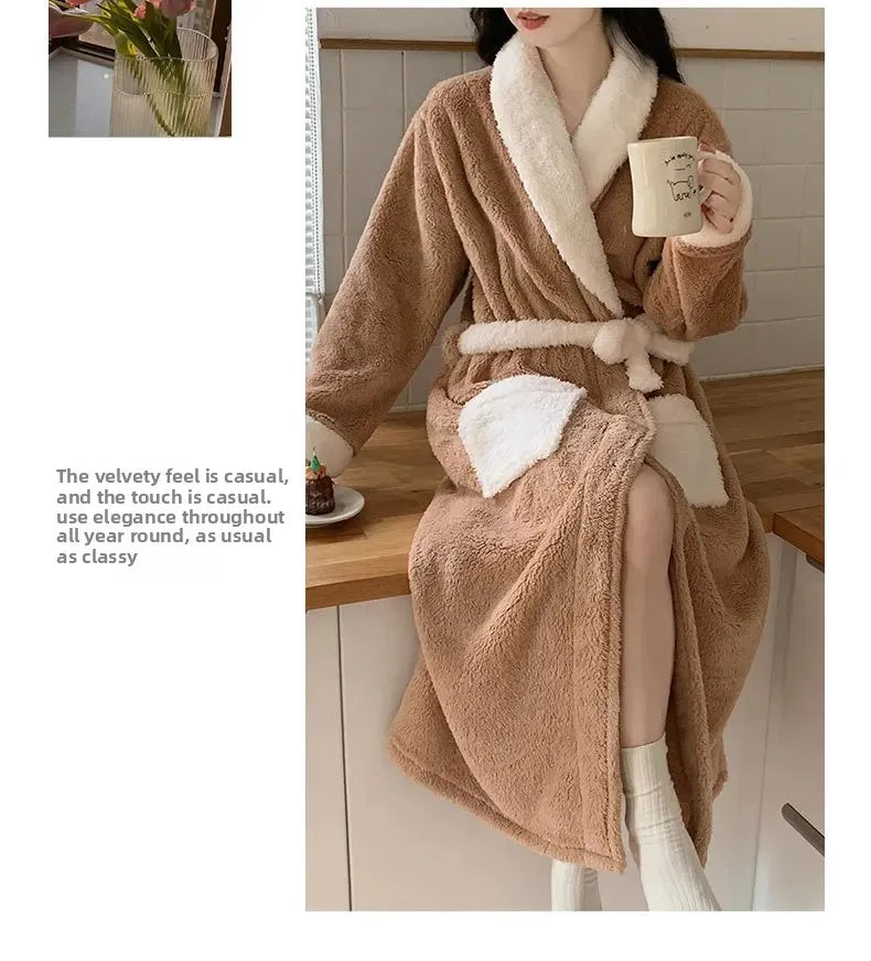 Verdickte Korallen Fleece Robe frauen V-ausschnitt Gürtel Langarm Mid-länge Süße Stil Warme Hause Kleidung Winter Saison