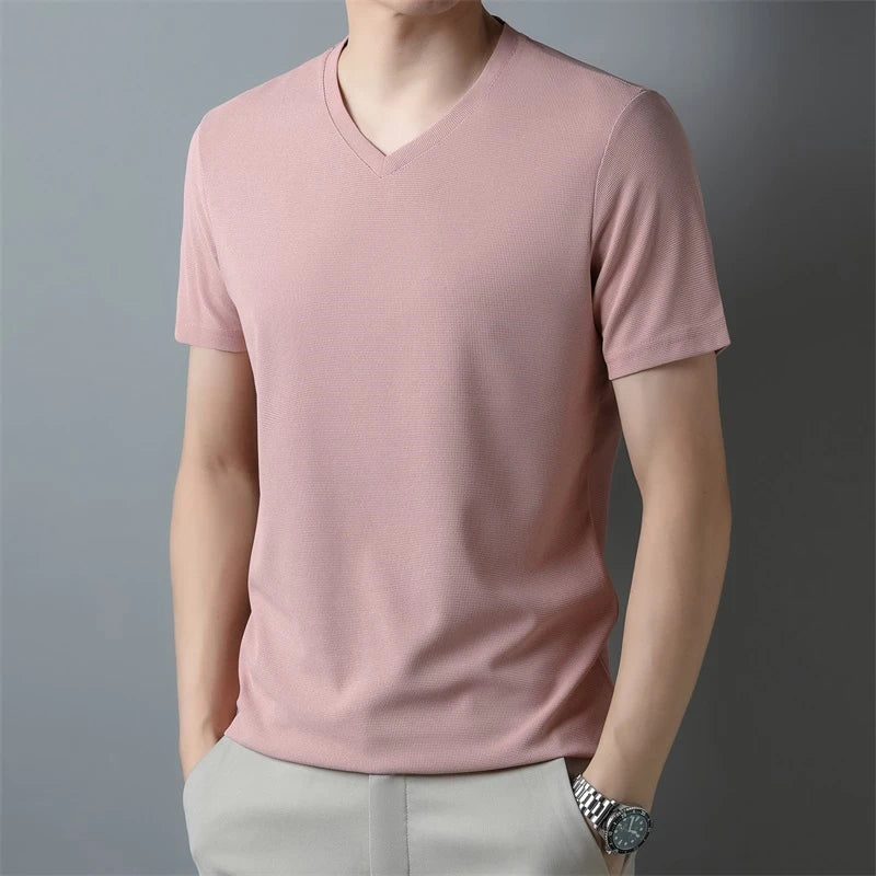 2024 Herren Neues Waffel-T-Shirt mit V-Ausschnitt und kurzen Ärmeln, Sommer, bequemes Oberteil