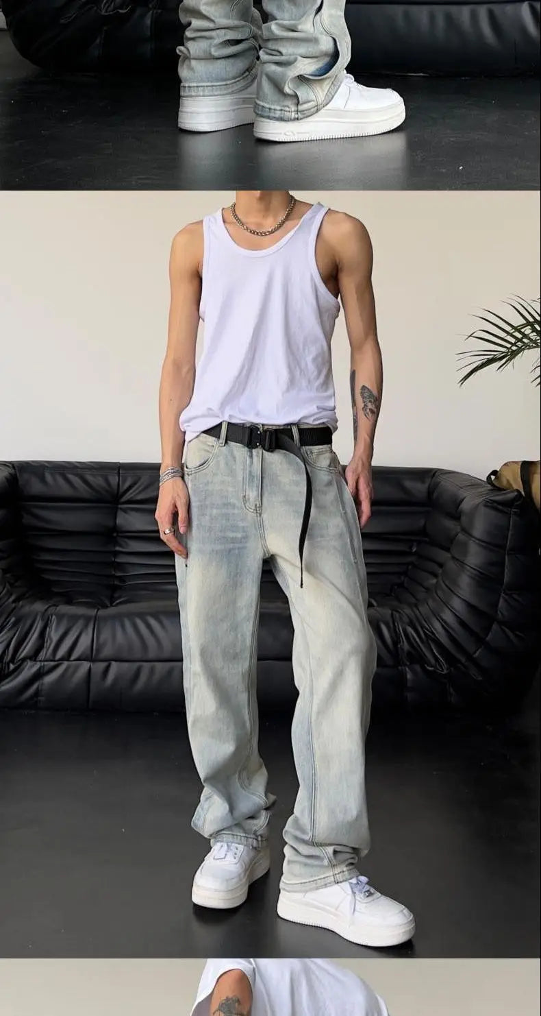 Jeans für Herren, locker, hellblau, Baggy, gerade, Cowboy-Hose, Punk, gespleißt, Y2k, Vintage-Hose, 2025, koreanischer Herbst-Trend, Baumwolle