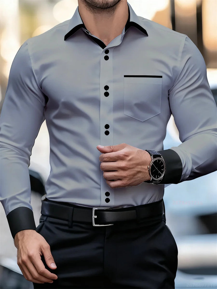Herren-Business-Langarmhemd mit Farbblockkragen, schmale Passform, knitterfrei, schwarz-weißes Patchwork-Hemd, modisches Herrenoberteil