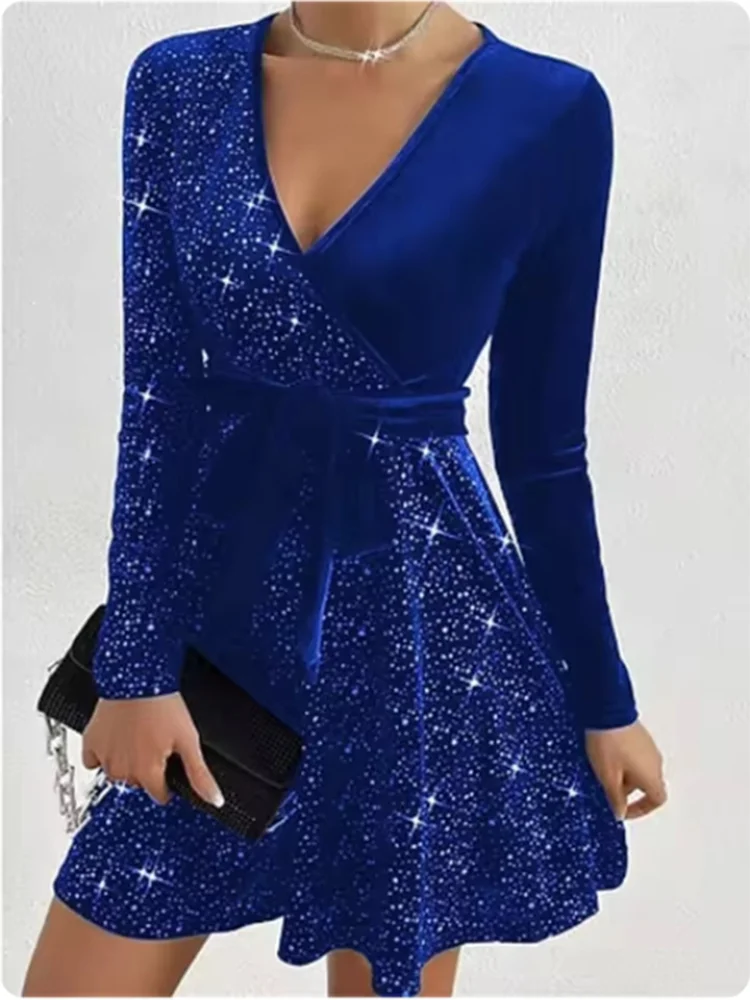 4-farbiges, mit Pailletten besetztes, langärmliges, tief ausgeschnittenes, sexy Kleid mit V-Ausschnitt, High Street Fashion, Bankett, Party, Herbst, elegantes Kleid