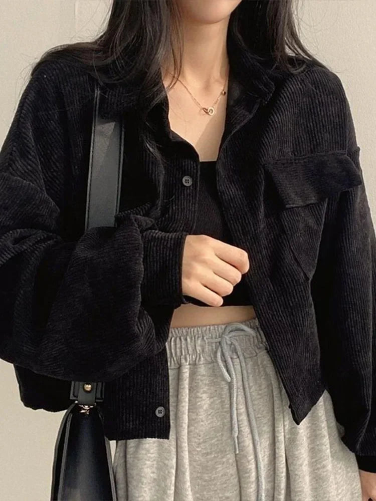 Frauen Vintage Cord Abgeschnitten Jacke Koreanische Mode Langarm Kordelzug Blusen Weibliche Lose Einreiher Mäntel Strickjacke