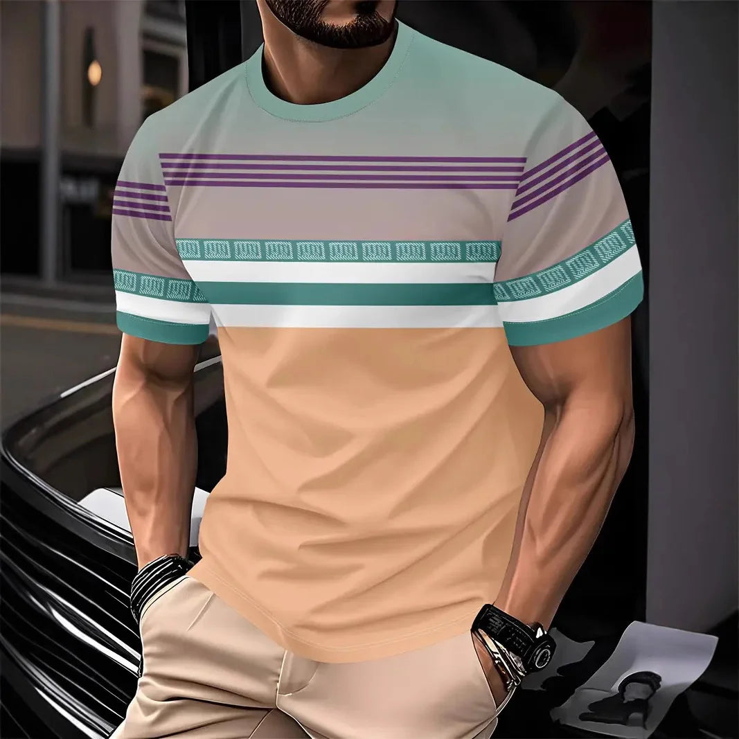 2025, Sommer Herrenmode, 3D-T-Shirt, Spleißen, bedruckt, Farbblockierung, lässig, schlank, kurzärmelig, Outdoor-Sport, Laufen, Fitness