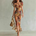 Boho Blumen-Maxikleid Damen Frühling Sexy Quadratischer Ausschnitt Gerafftes Schlitz-Bodycon-Kleid Neues Sommer Puffärmel Rüschen Partykleid