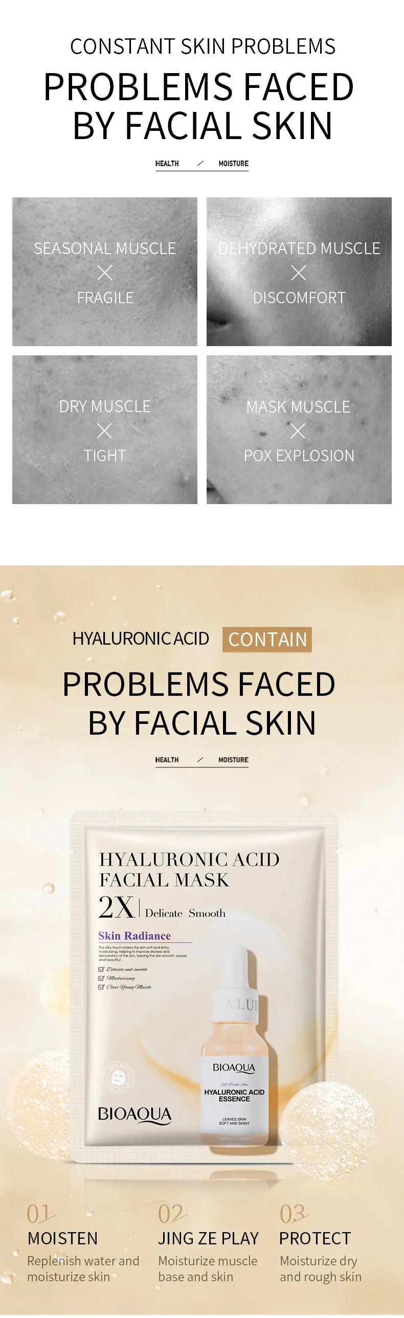 20 Stück BIOAQUA Centella Kollagen Gesichtsmaske Feuchtigkeitsspendende erfrischende Blattmasken Hyaluronsäure Gesichtsmaske Hautpflegeprodukte