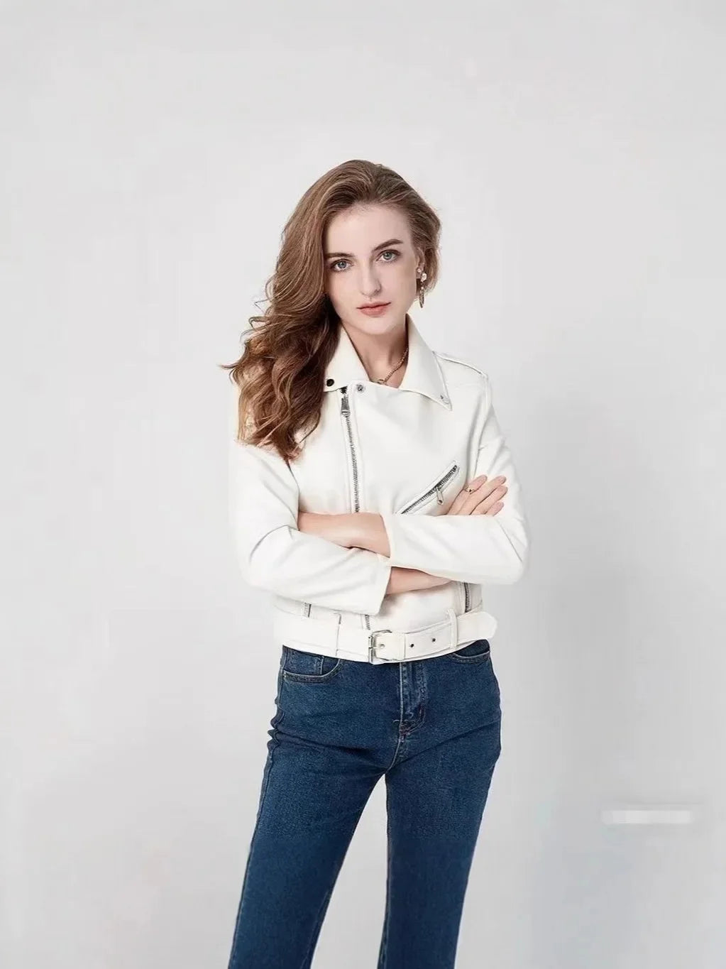 Damen-PU-Lederjacke, schmale Passform, Motorrad, gewaschener Reißverschluss, Oberteil, Herbst-Winter, modische Oberbekleidung, lässiger Stil, volle Ärmel