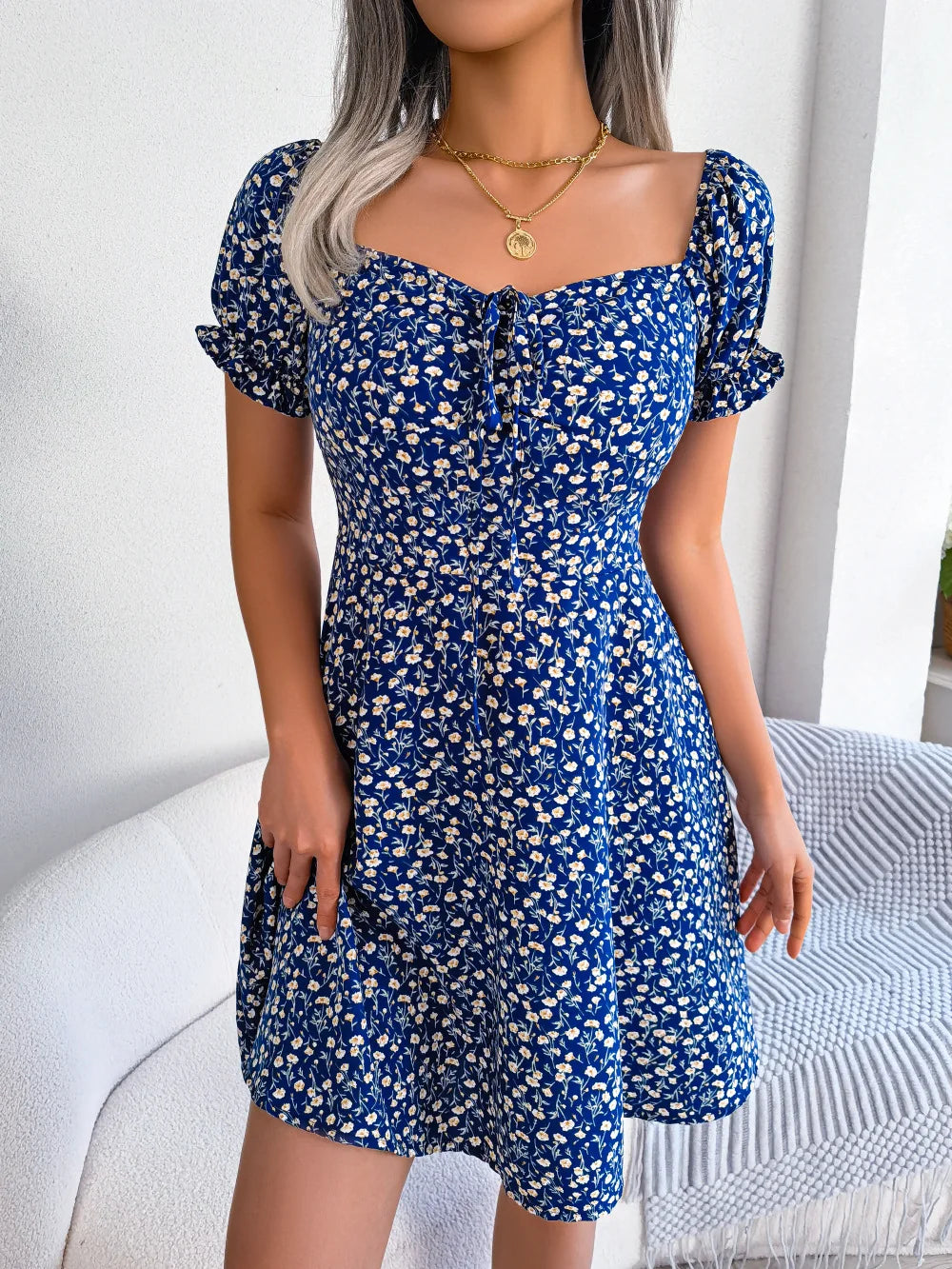 Sommer Blumendruck Kurzes Kleid Bufftrly Ärmel Retro Damenkleider Mode Lässig Square Neck Tunika Strandkleid Elegant Chic