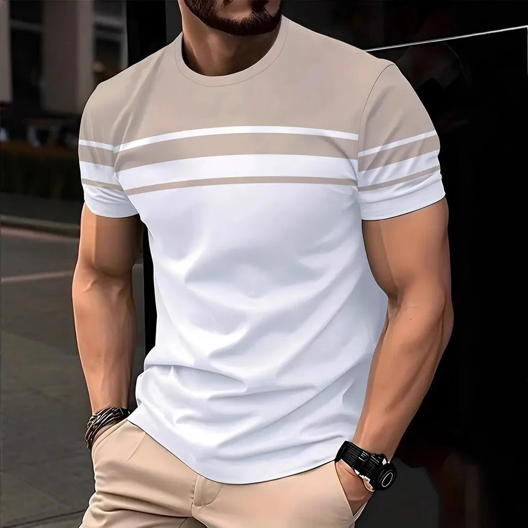 2025, Sommer Herrenmode, 3D-T-Shirt, Spleißen, bedruckt, Farbblockierung, lässig, schlank, kurzärmelig, Outdoor-Sport, Laufen, Fitness