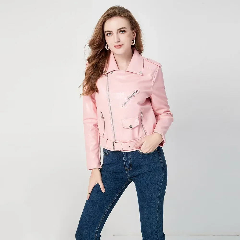 Women's PU Leather Jacket Slim Fit Motorcycle Washed Zipper Top Autumn Winter Fashion Outerwear Casual Style Full Sleeve
