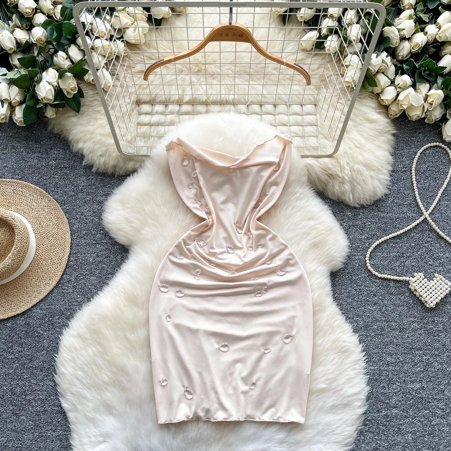 SINGREINY Mode Perlen Mini Sommerkleid Transparent Sling Design Schwingen Kragen Heißer Sommer Damen Sexy Backless, Figurbetontes Kleid