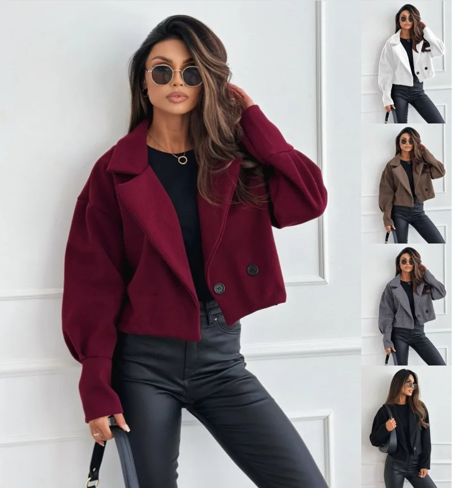 Damen-Doppelreihiger Kurzmantel aus Wolle, lässige Jacke mit Reverskragen für den Alltag im Herbst und Winter