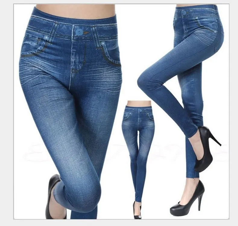 1pcs Women's Denim Print Leggings Females Fashion Slim Leggings Faux Jeans Leggings Lady Stretch Printed Tights Black Blue Pants