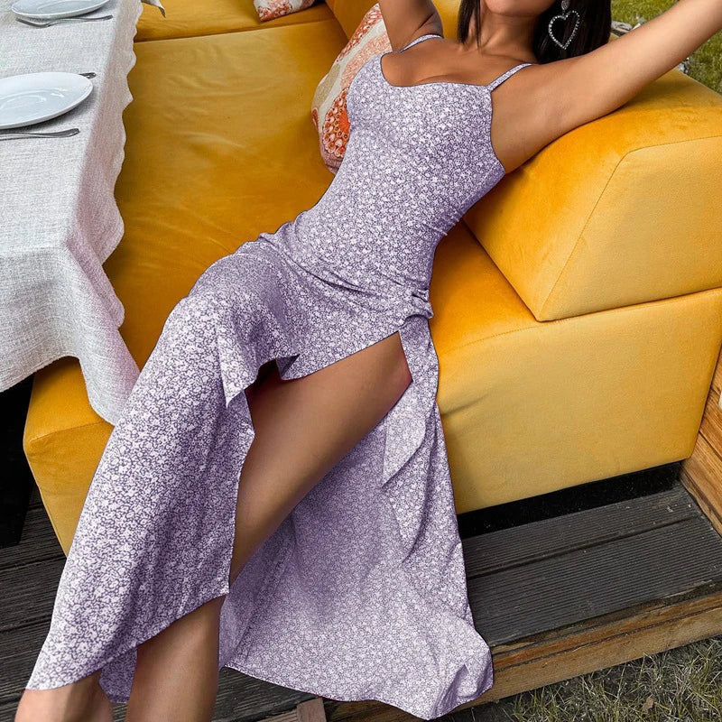HELIAR Women Sexy Split Maxi Dress Floral Printed Sleeveless Beach Party Dress Spaghetti Zip Club Dress Elegant Vestidos Summer
