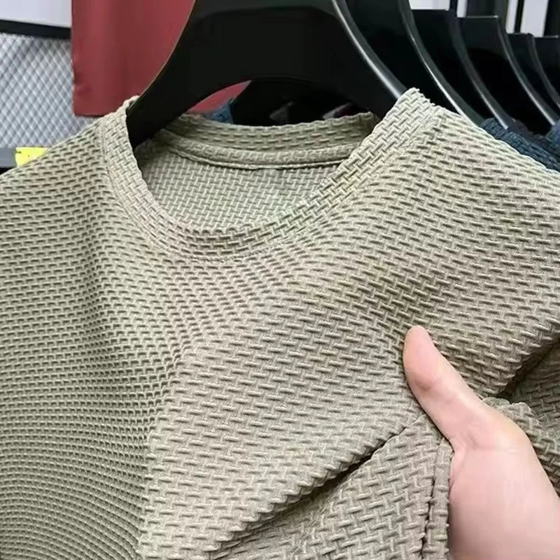 Hochwertiges Herren Waffelstrick T-Shirt Atmungsaktives Kurzarm Freizeit- und Loungewear-Oberteil