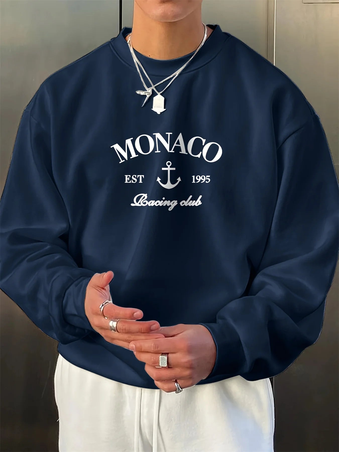 Men's autumn and winter fashionable casual loose monaco letter print fleece pullover long sleeved round neck sweatshirt