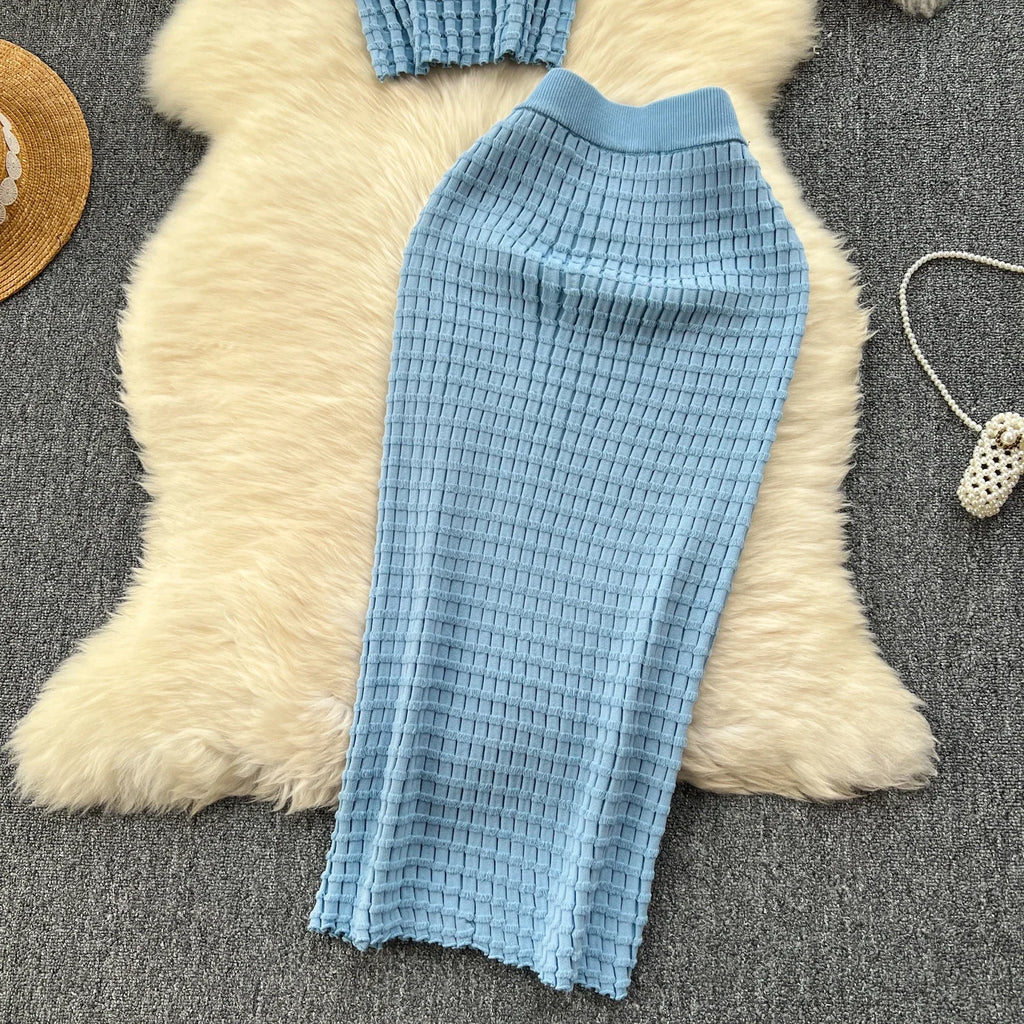 Sommer Frauen Mode Rock Set sexy ärmellose Tanktops hohe Taille schlanke lange Saya weibliche zweiteilige Anzüge stricken feste Kleidung