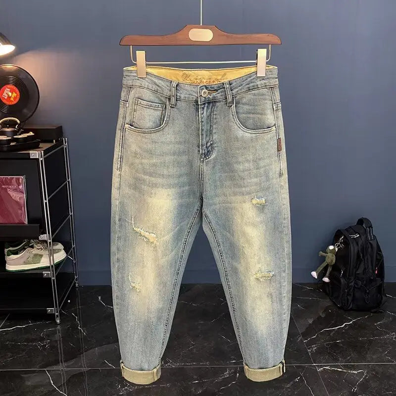 Jeans für Herren 2025, Frühling und Herbst, kleine zerrissene Jeans, Herren-Vintage-Hosen, trendige Marke, Harlan-Männerkleidung, Streetwear-Kleidung