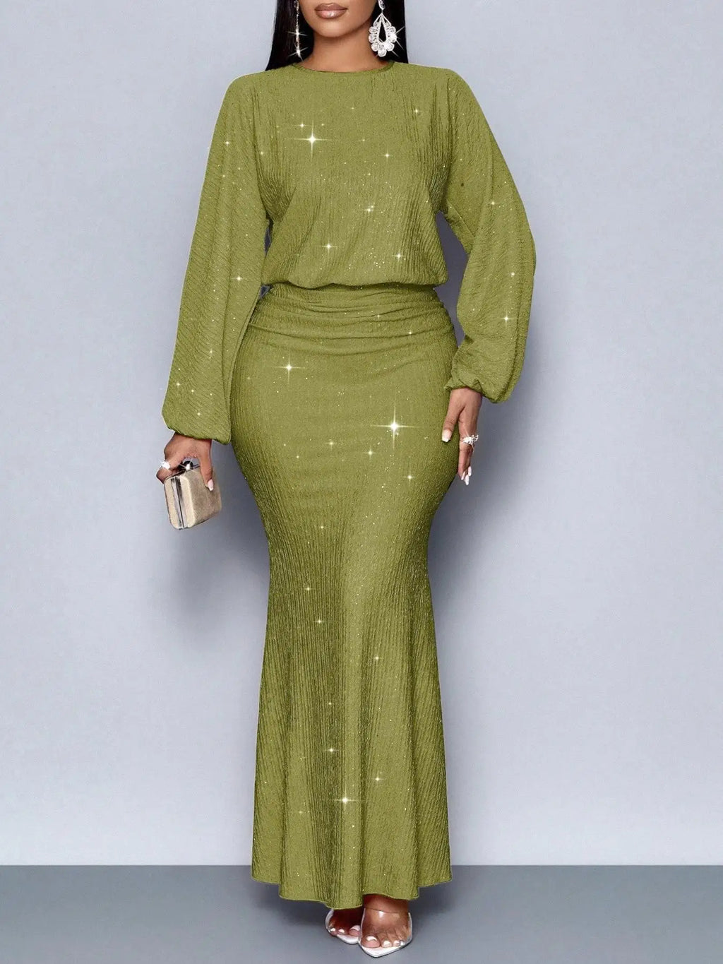 Elegantes, langärmliges Fischschwanzkleid mit Perlenverzierung und Falten für formelle Anlässe, Polyester-Lycra-Mischung, Sommer 2025,