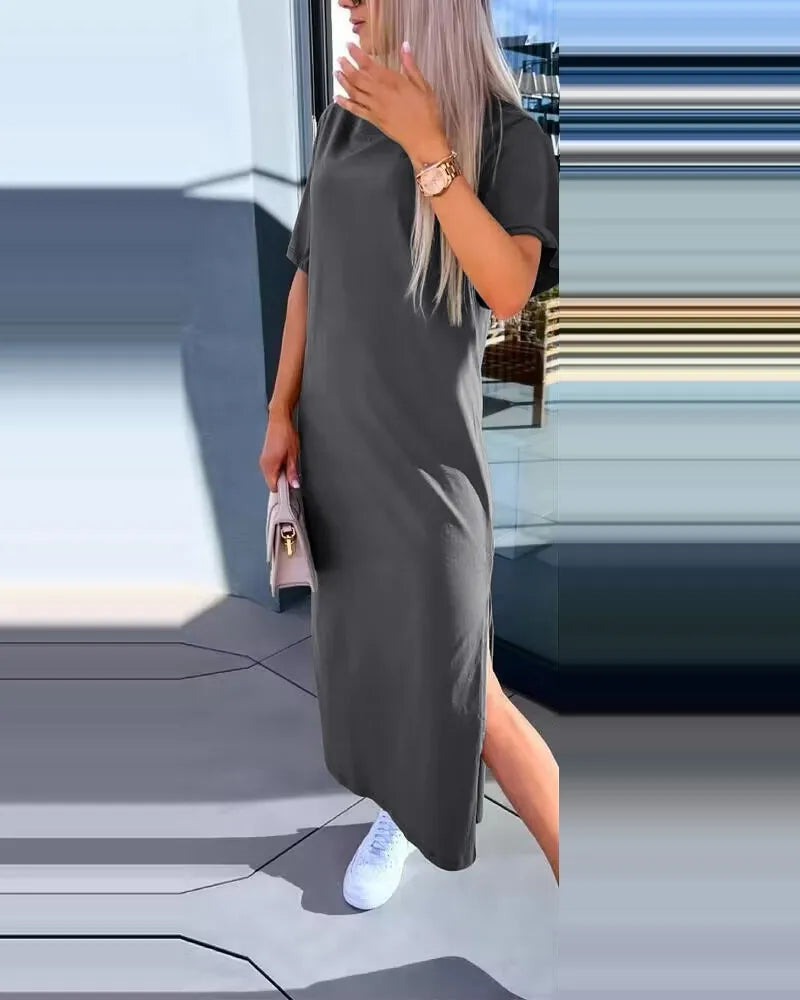 Fashion Simple O Neck Short Sleeve Solid Dress For Women New 2024 Summer Casual Loose Comfortable Split Long Dress Robe Femme