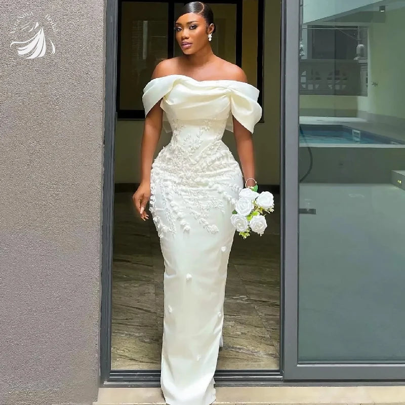 VeraNova Maßgeschneiderte Brautkleider Vintage Weg Von Der Schulter Satin Falte 3D Applique Seath Meerjungfrau Zurück Bogen Vestido De Noiva